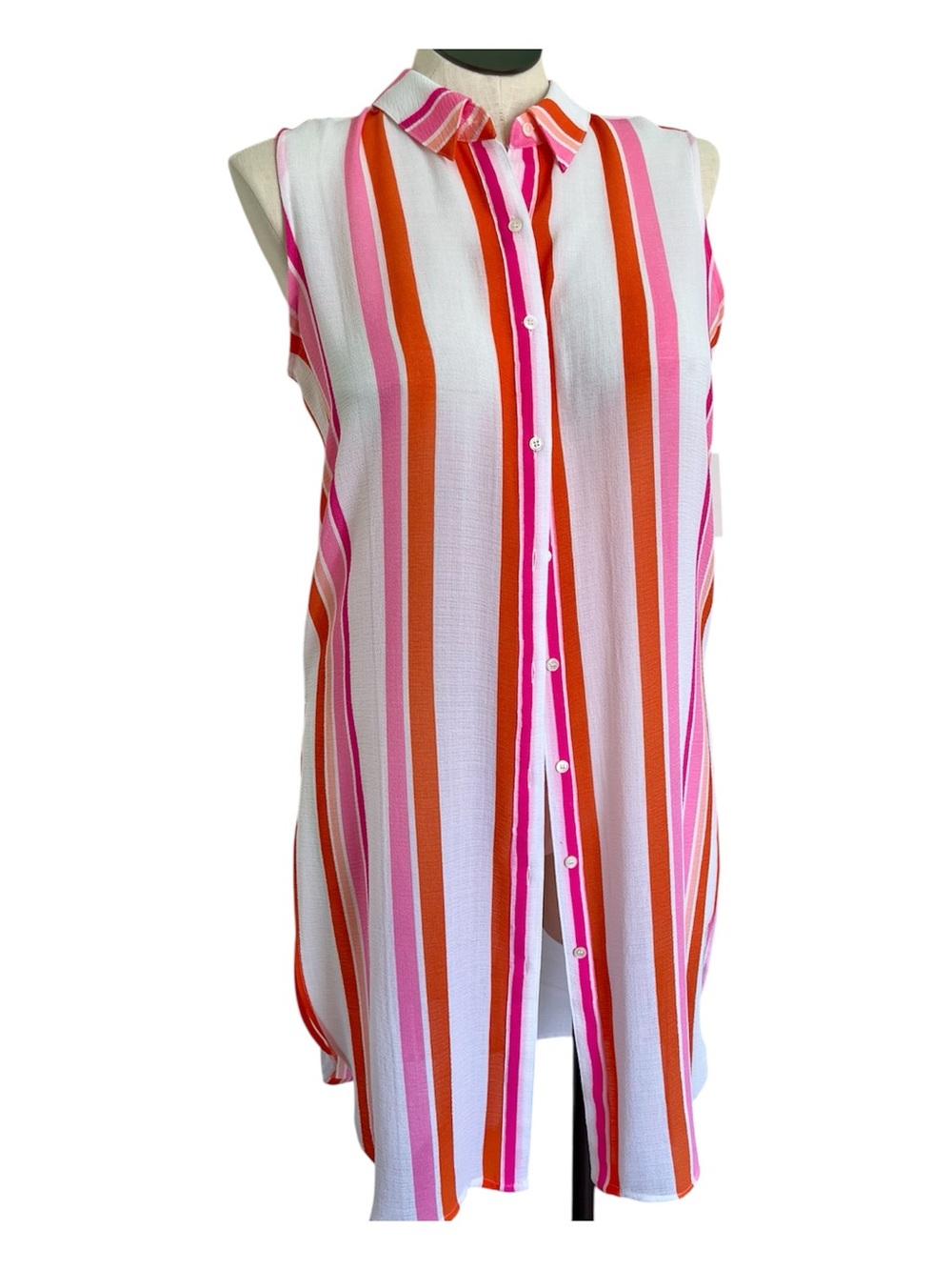 Vince Camuto Orange Fizz Summer Bloom Striped Sleeveless Button Down Dress NWT